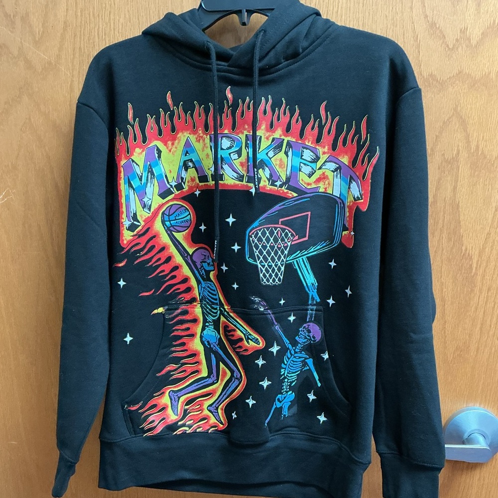Market Graphic Black Pullover Hoodie - Neon Skeleton Basketball